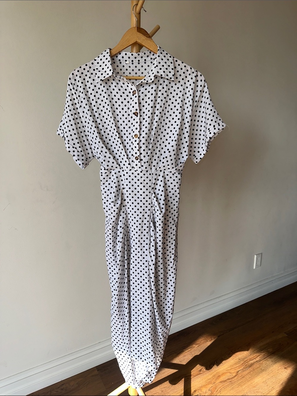 White Polka Dot Midi Shirt Dress